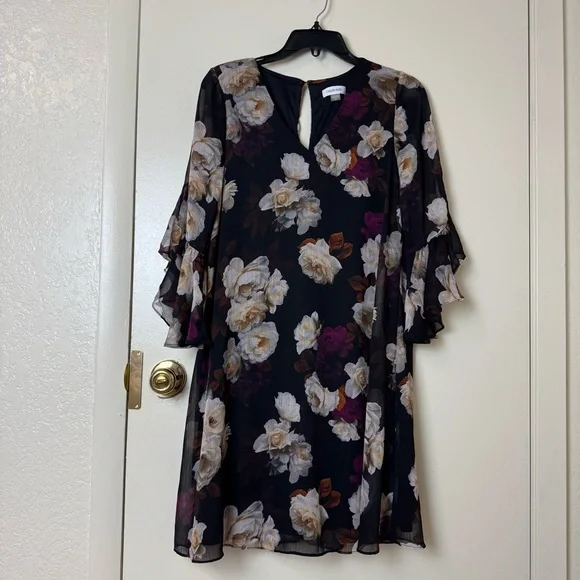 Calvin Klein V-Neck 3/4 Sleeve Crinkled Chiffon Floral Shift Dress Size 8 - Picture 2 of 7